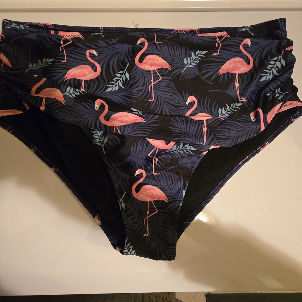 Flamingo Print Swim Bottoms - Black and Pink